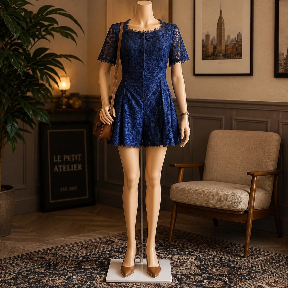 Vintage 90s Extra Femme 5-7-9 Navy Blue Lace Romper Button Front Square Neck 9